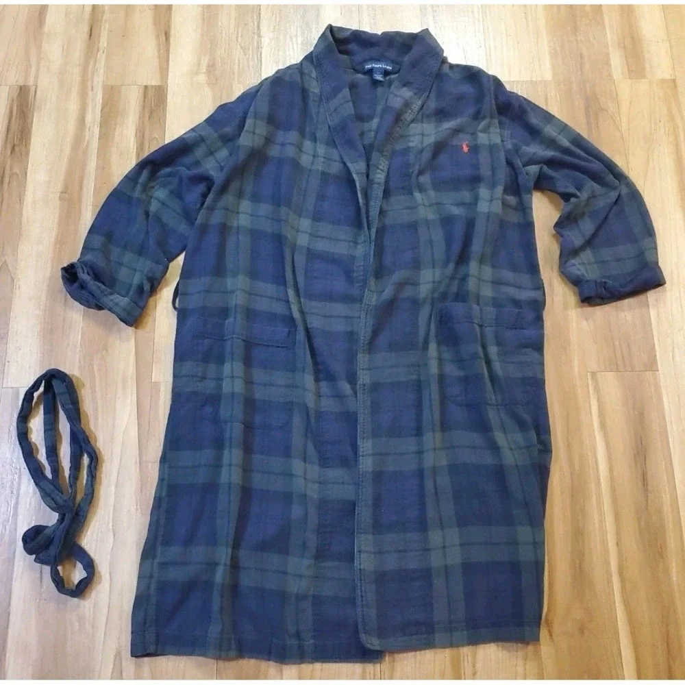 Polo Ralph Lauren Mens Plaid Flannel Robe Blue Green Size S/M 100% Cotton Pony